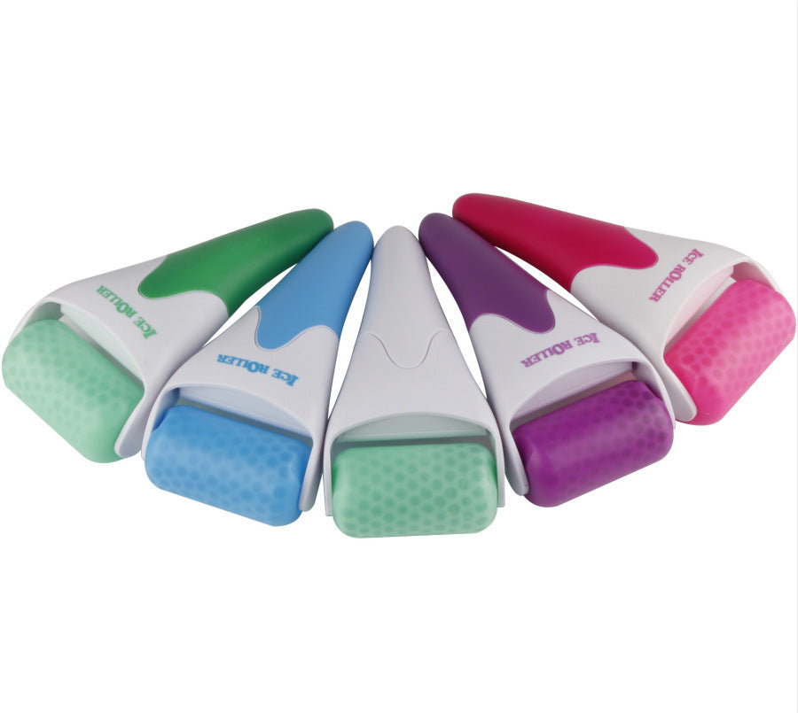 Skincare ice roller in blue, green, purple, rose pink, and whit
