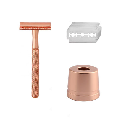 A rose gold metal safety razor with a durable stainless steel handle, alongside five premium razor blades, displayed against a white background.
