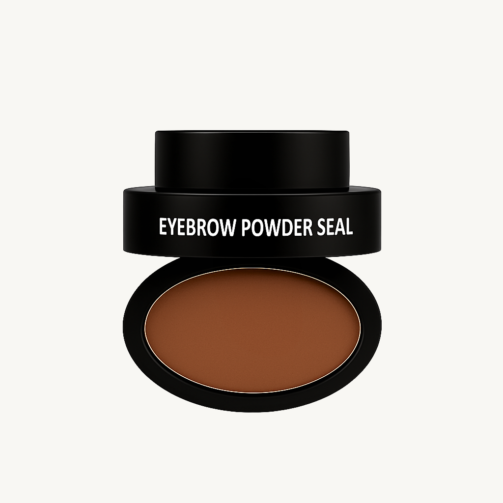 Eyebrow powder seal product with brown powder and black container on a white background