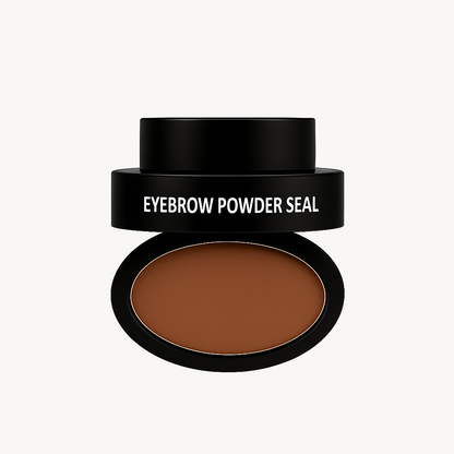 Eyebrow powder seal product with brown powder and black container on a white background