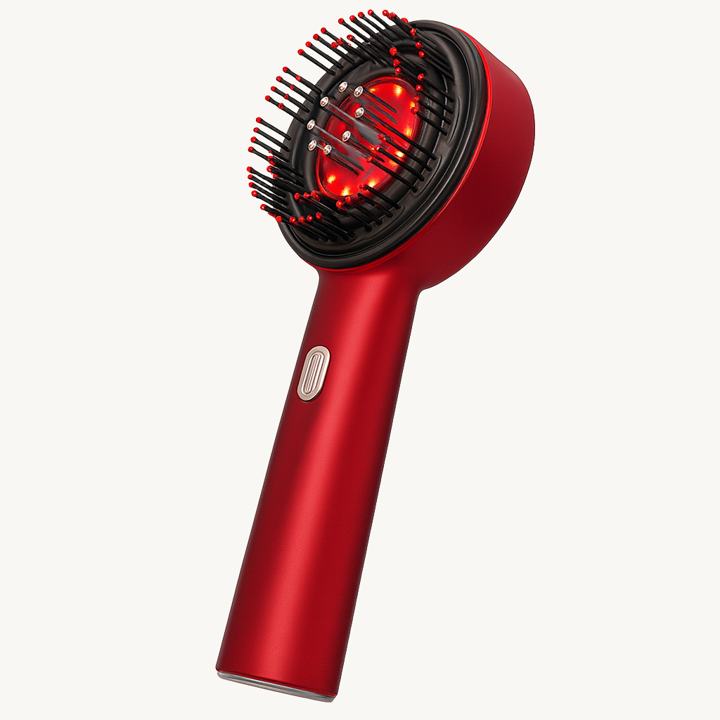 Red hair dryer with brush attachment on a white background